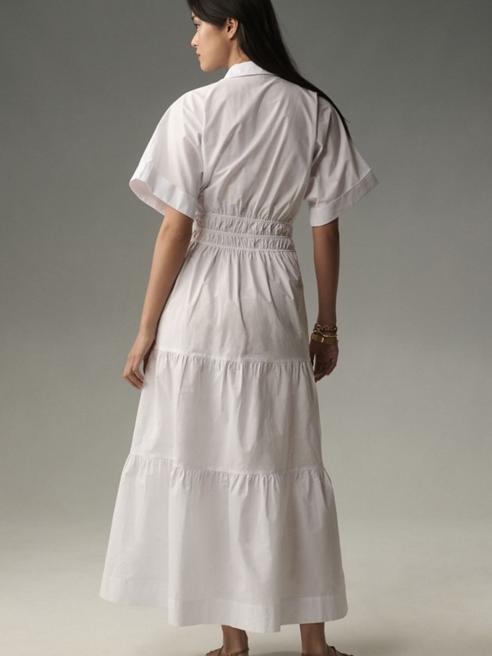 Anthropologie Somerset Maxi Shirtdress White Tiered Shirred-Waist Cotton size L - Picture 2 of 5